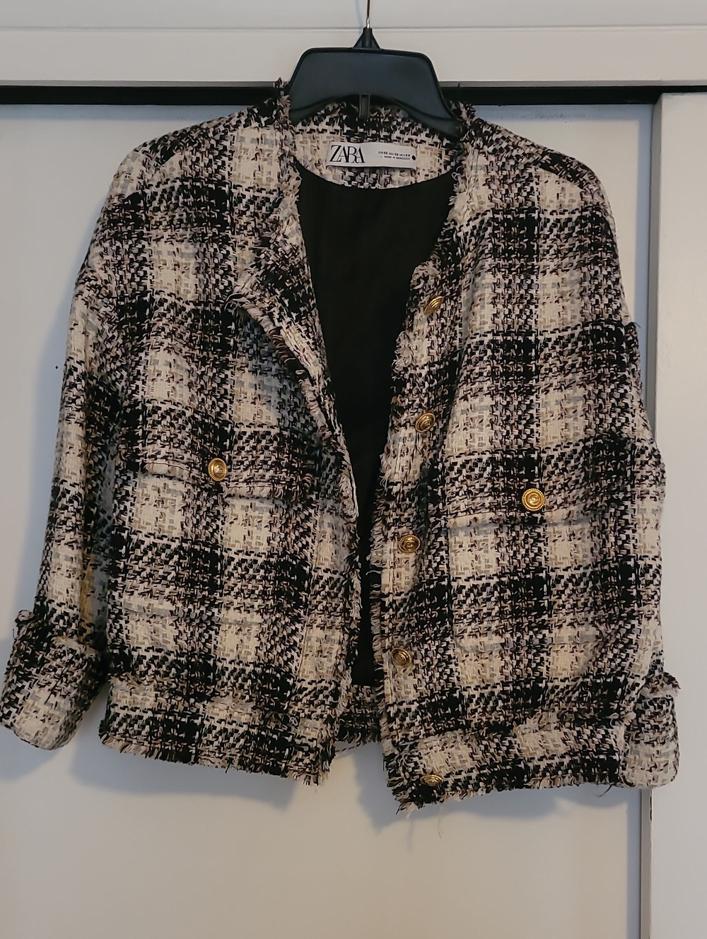 Zara Black and White Tweed Blazer with Gold Buttons
